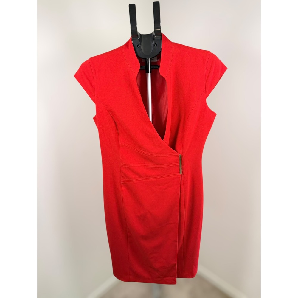 Calvin Klein Red Cap Sleeve Asymmetrical Wrap Sheath Dress with Gold Bar Detail